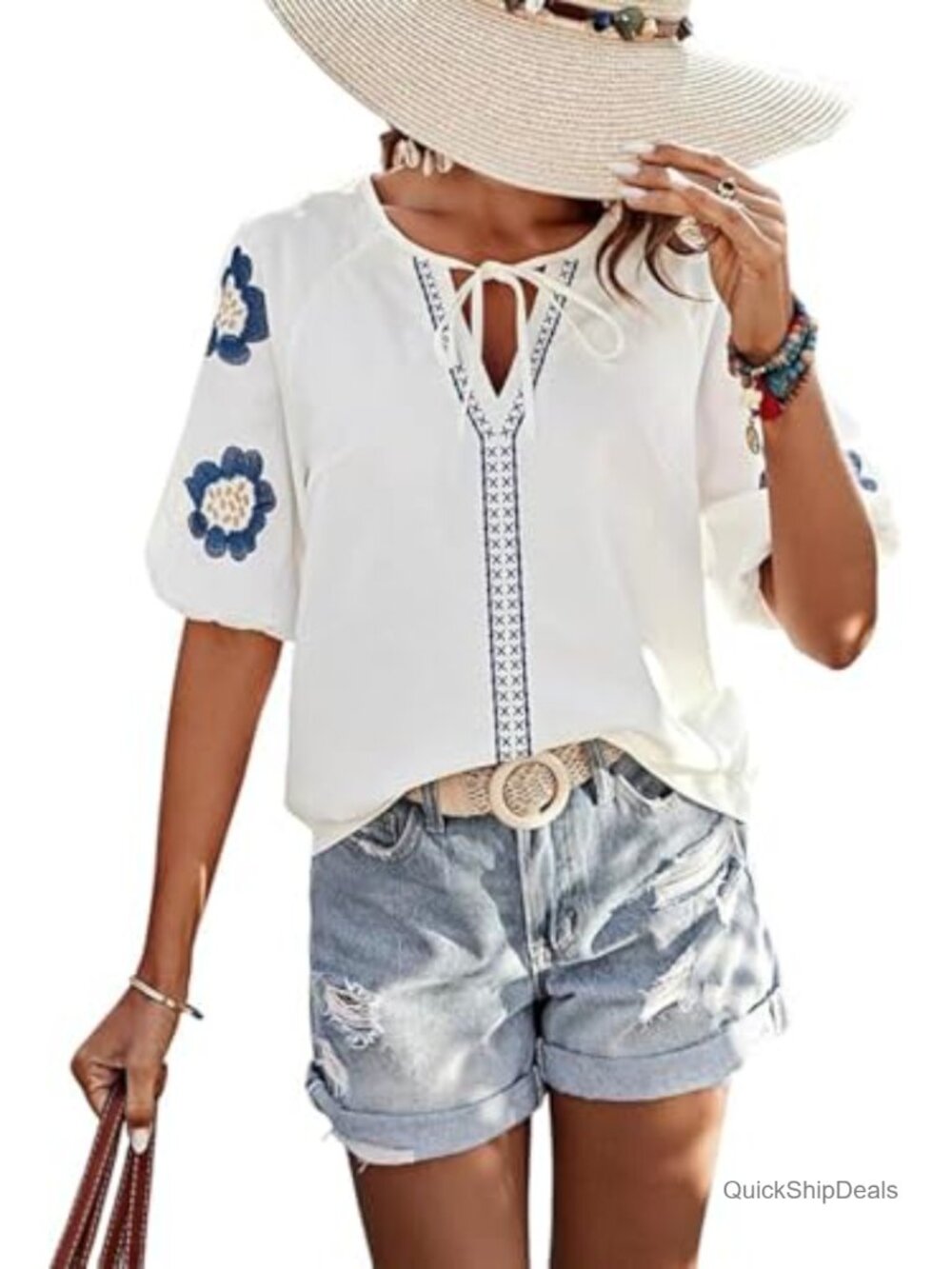 Mexican Embroidered Peasant Blouse Womens V-Neck Puff Sleeve Boho Summer Top